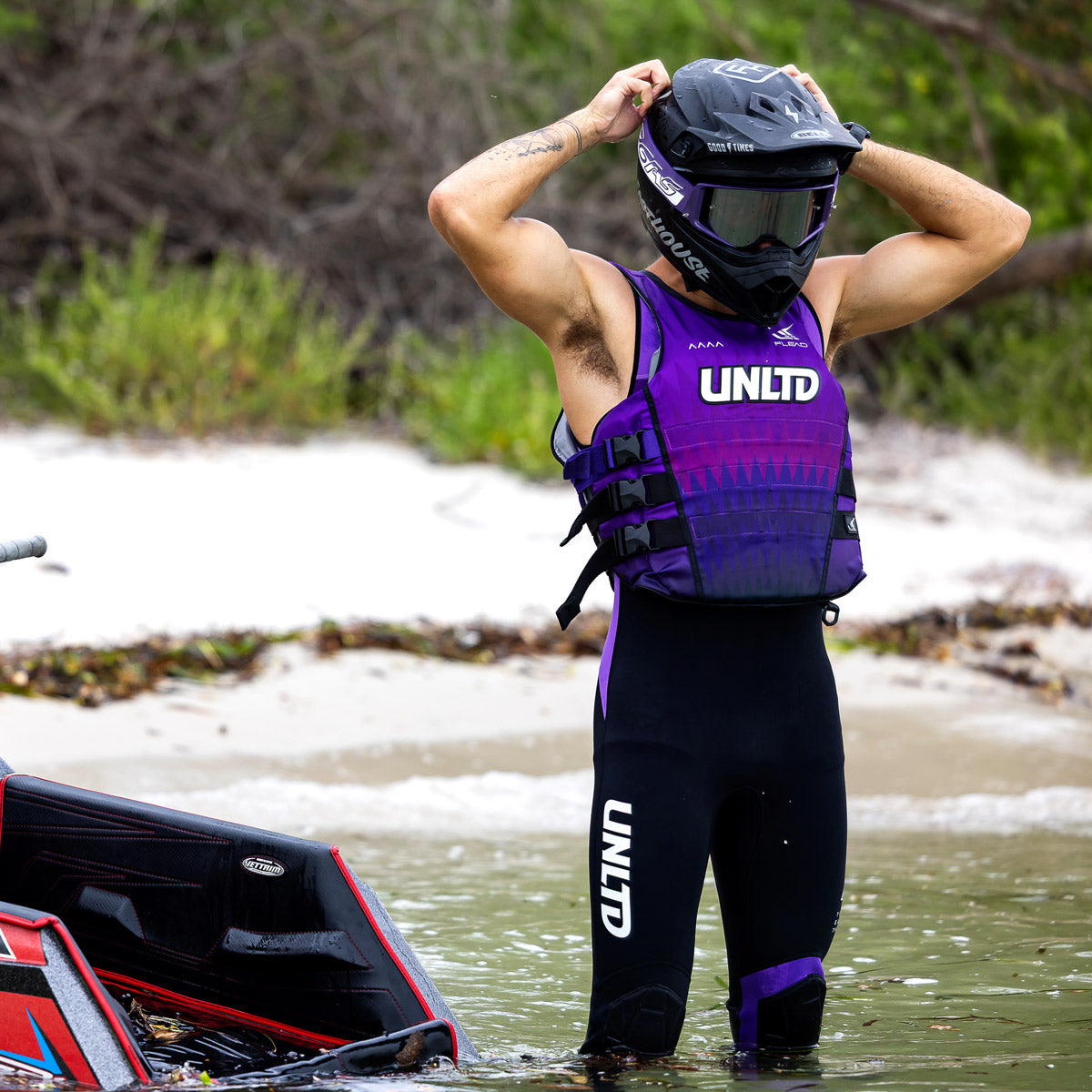 Blue FLEAD wetsuit for John by UNLIMITED PWC, featuring a snug fit and durable neoprene material for water sports.