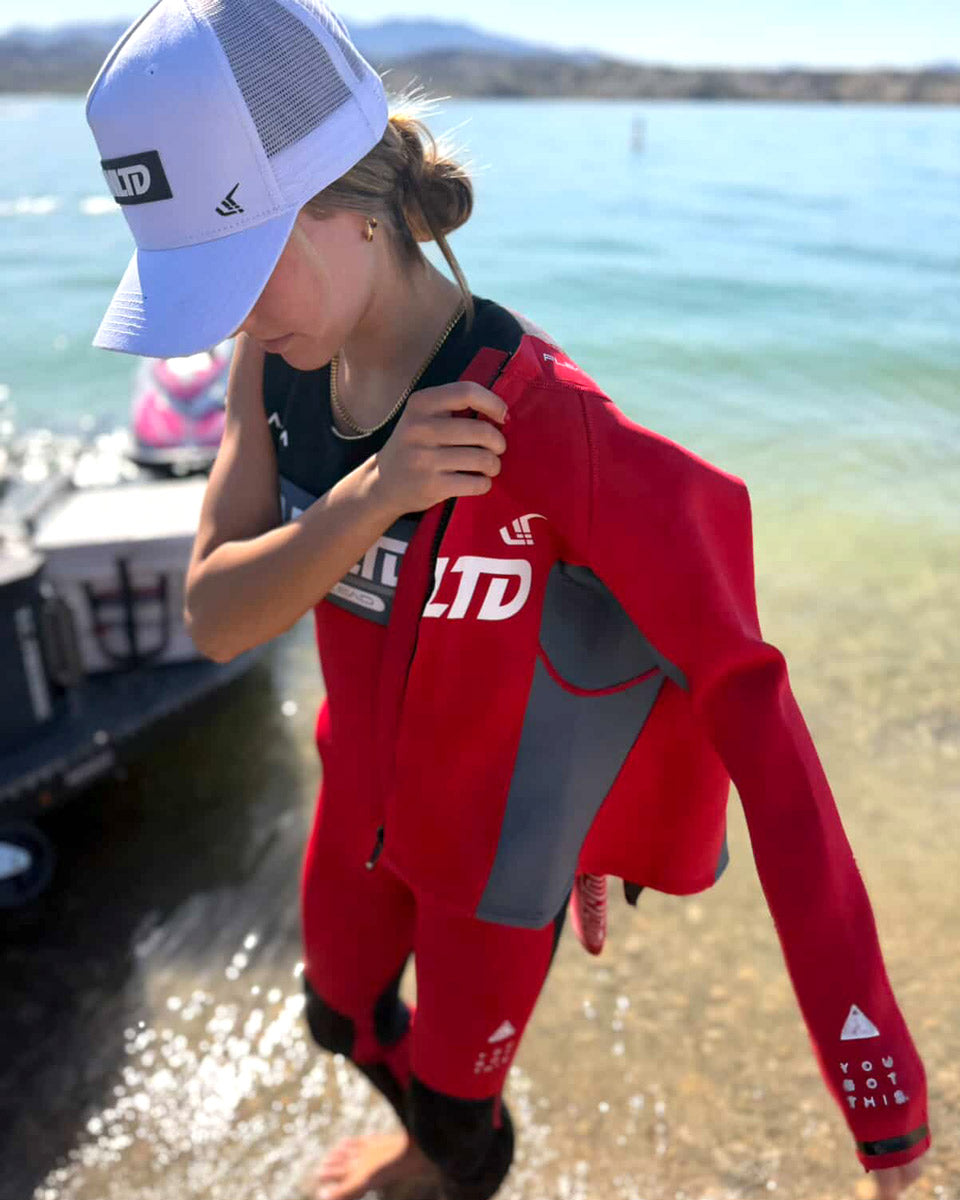 Unlimited PWC FLEAD Wet Jacket shown, featuring waterproof material, adjustable collar, and long sleeves for water sports.