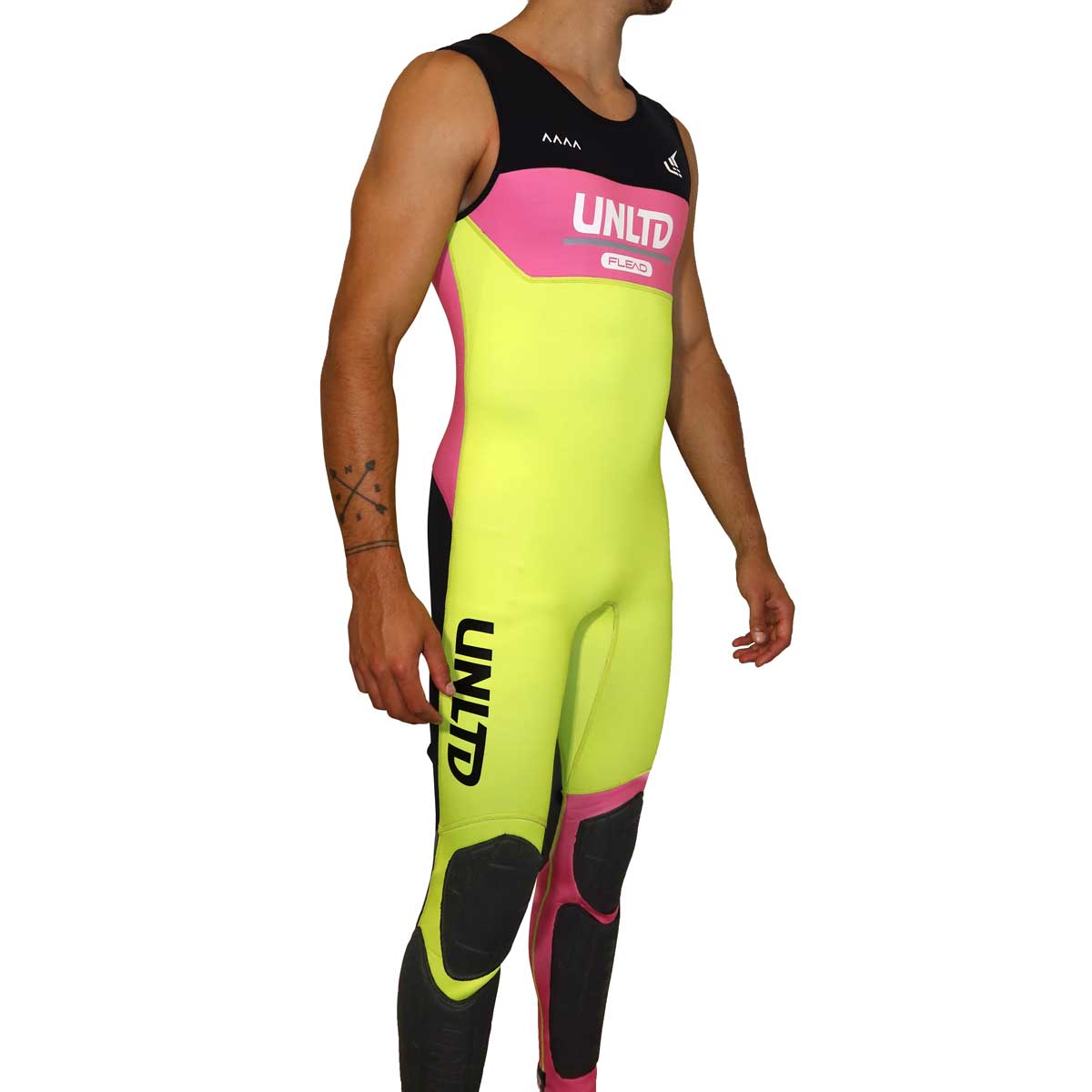 Unisex FLEAD wetsuit by UNLIMITED PWC with full body coverage, black and blue design, suitable for watercraft and surfing.