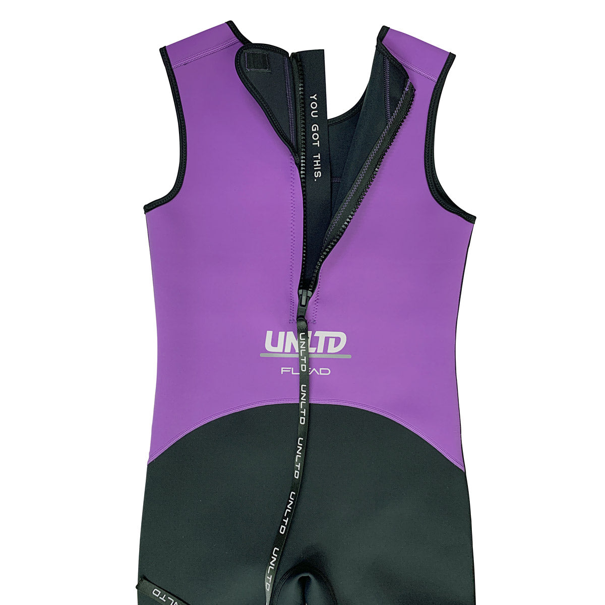 Unlimited PWC FLEAD wetsuit John, full-body neoprene wetsuit with adjustable straps and smooth purple finish for water sports.