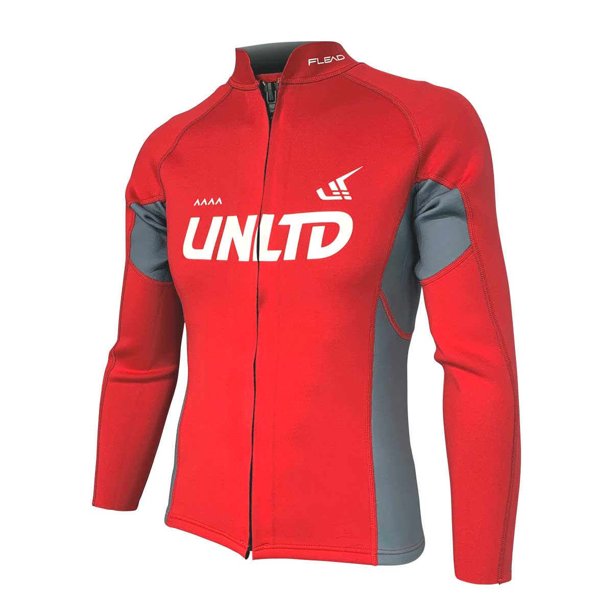 Unlimited PWC FLEAD wet jacket showing a waterproof, red wetsuit jacket with adjustable collar and sealed seams for water protection.