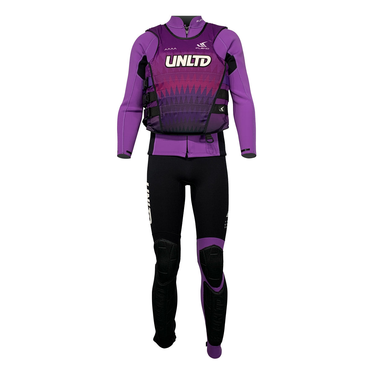 Unlimited PWC FLEAD S/E LIFE VEST worn by a person, lightweight personal watercraft life jacket with adjustable straps.