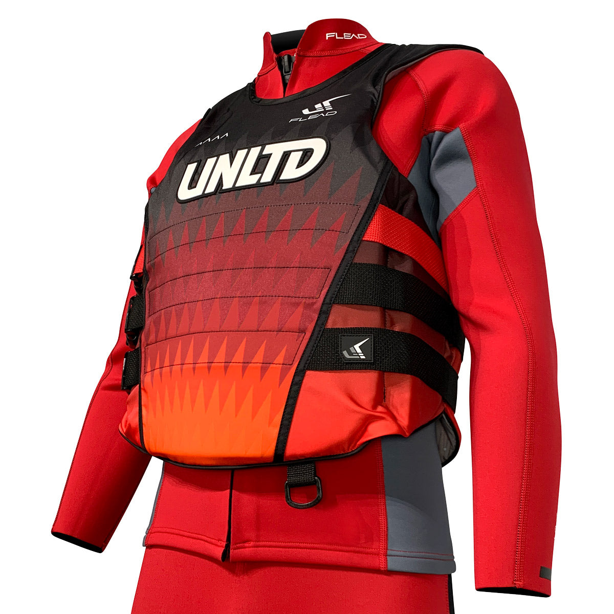 Unlimited PWC FLEAD S/E LIFE VEST shown in bright red with adjustable straps and front zipper for safety during water activities.