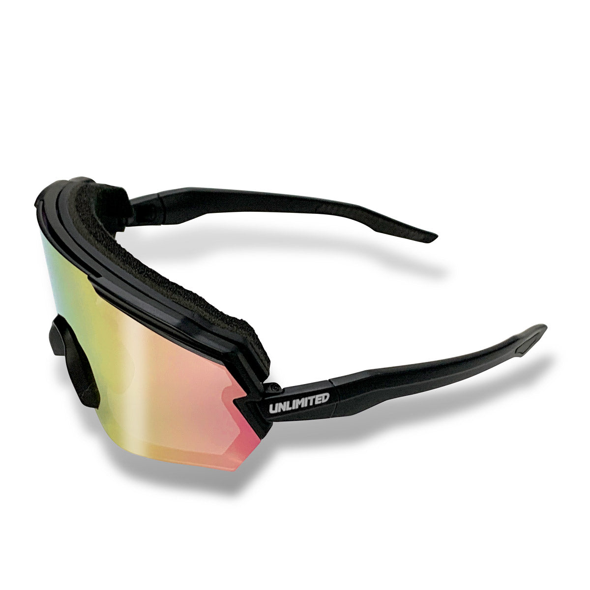 Pair of UNLIMITED-PWC Dual Flexion sunglasses with adjustable arms and sleek black frames, designed for versatile outdoor wear.