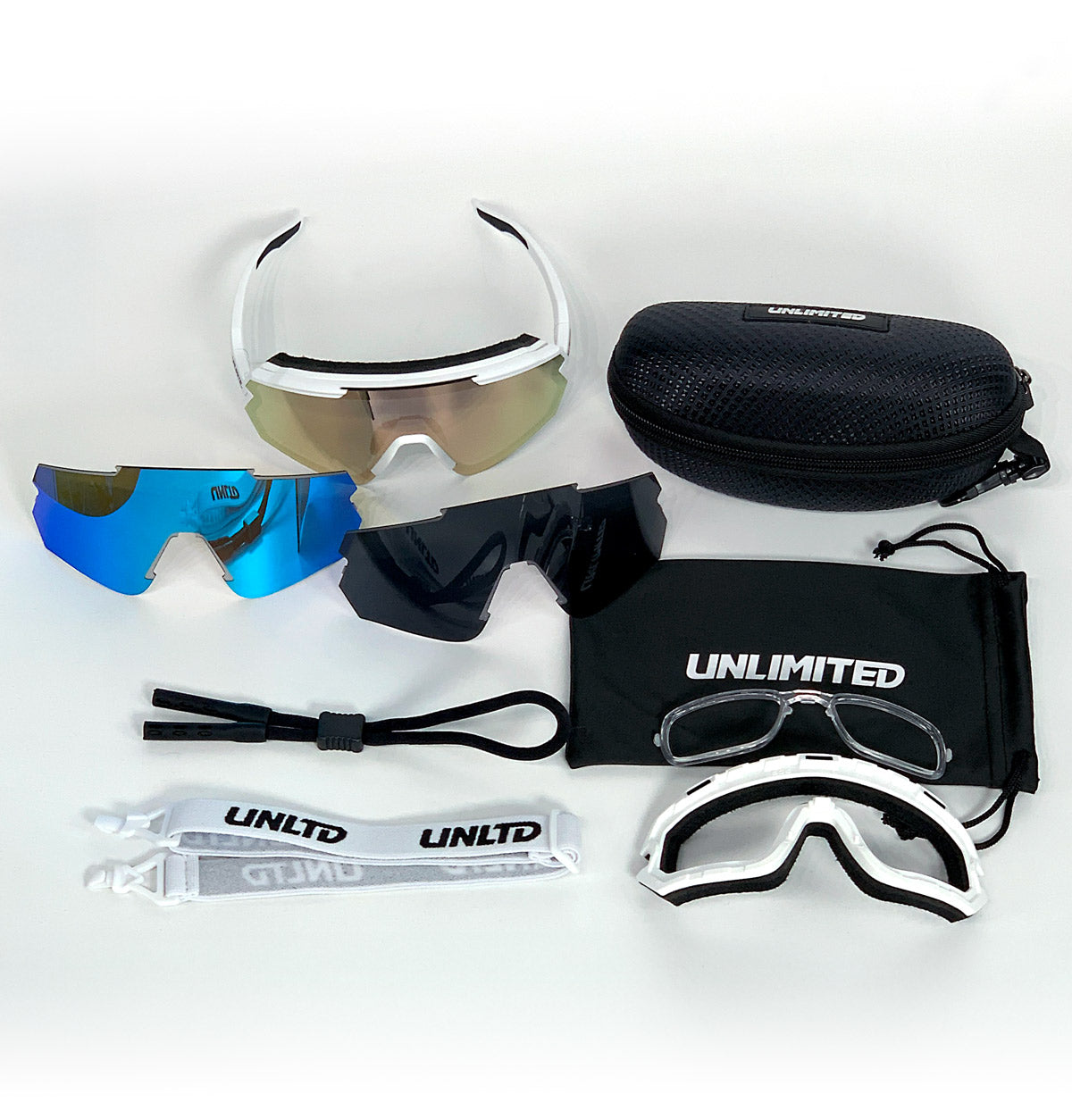 Pair of DUAL FLEXION sunglasses by UNLIMITED-PWC with adjustable nose pads and sleek white frames, designed for versatile sun protection.