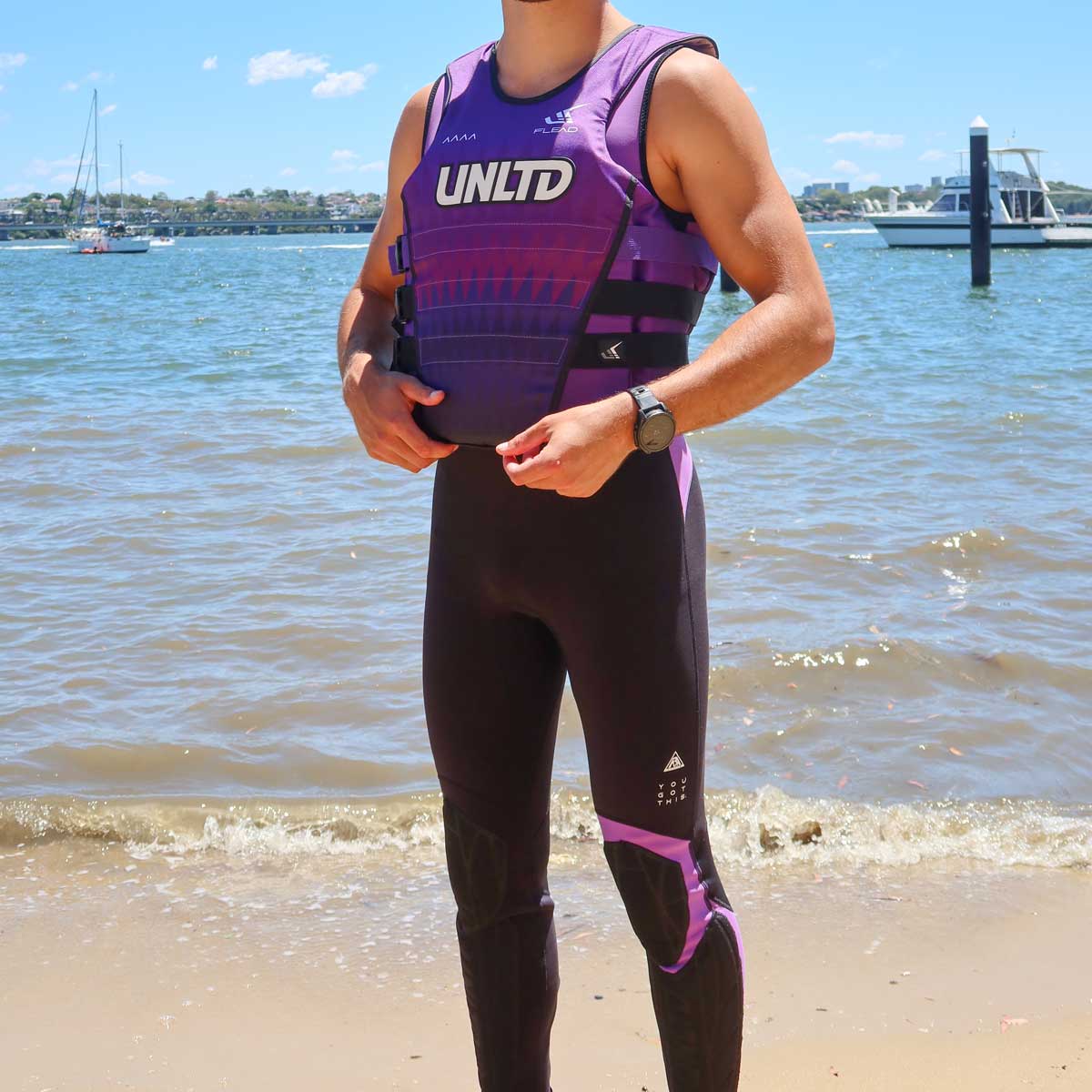 Unisex FLEAD S/E LIFE VEST by UNLIMITED PWC featuring adjustable straps and buoyant foam for water safety and comfort.