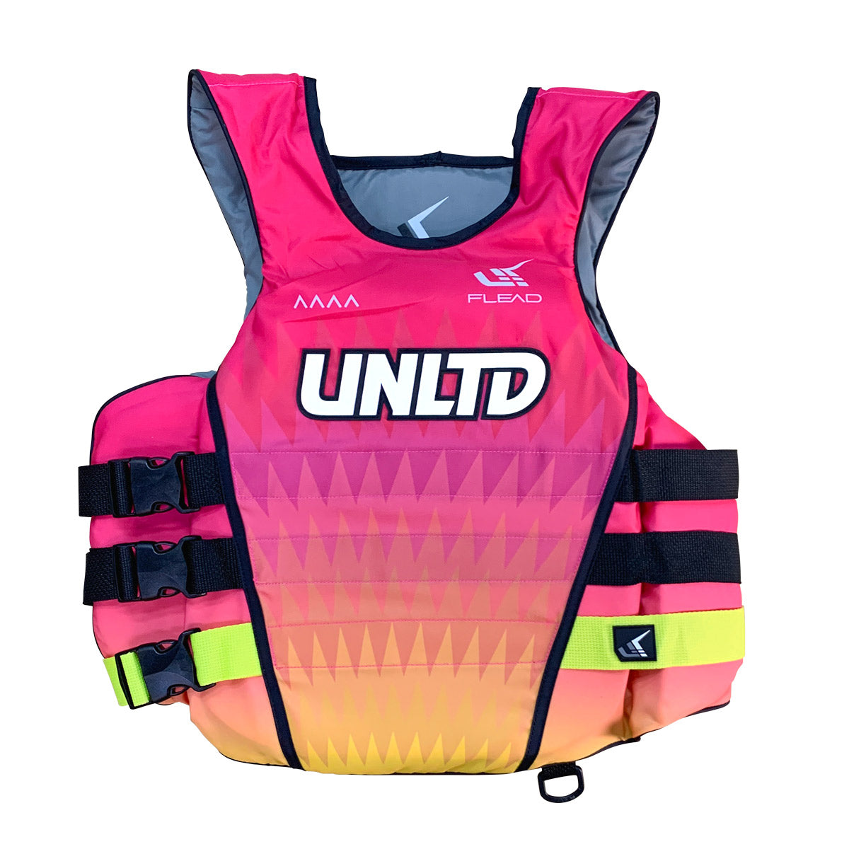 Unlimited PWC FLEAD S/E LIFE VEST, pink and yellow personal flotation device with adjustable straps and reflective accents.