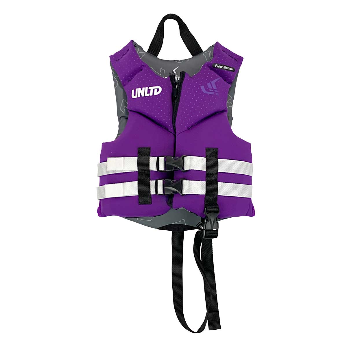 Child Neo Life Vest by Unlimited PWC, bright purple flotation vest with adjustable straps and safety features for swimming or boating.