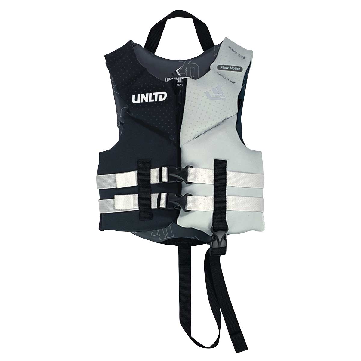 Child Neo Life Vest by Unlimited PWC, featuring adjustable straps and bright safety colors for water safety and buoyancy.