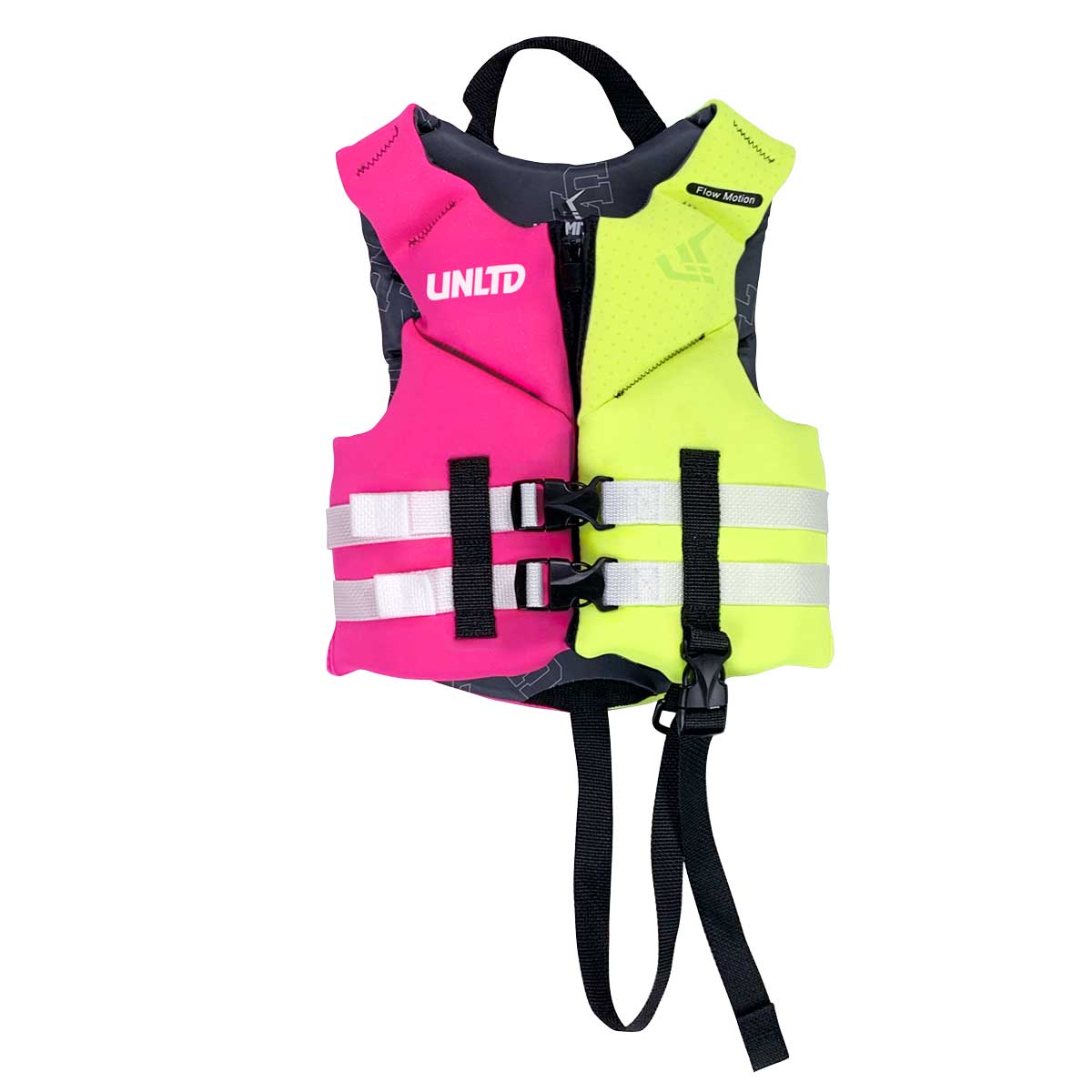 Child Neo Life Vest by Unlimited PWC, bright yellow and pink flotation vest with adjustable straps and secure buckle for safety.