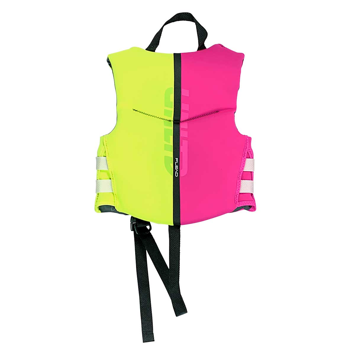Child Neo Life Vest by Unlimited PWC, bright yellow and pink flotation vest with adjustable straps for safety and comfort.