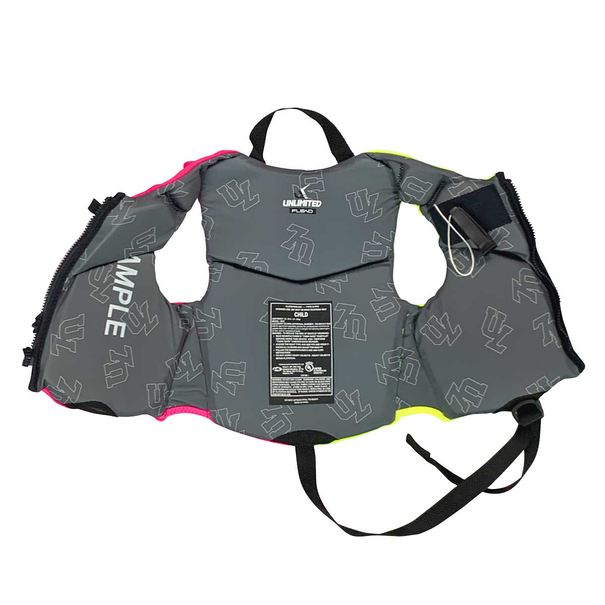 Child Neo Life Vest by Unlimited PWC, bright yellow and pink flotation vest with adjustable straps and reflective accents for safety.