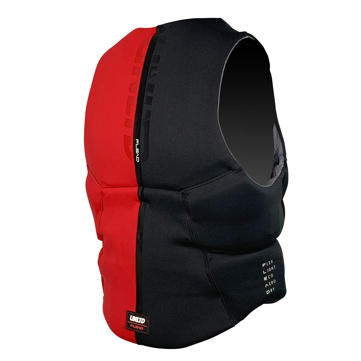UNLIMITED PWC FLEAD NEO VEST, a sleek black personal watercraft life jacket with adjustable straps and safety features.
