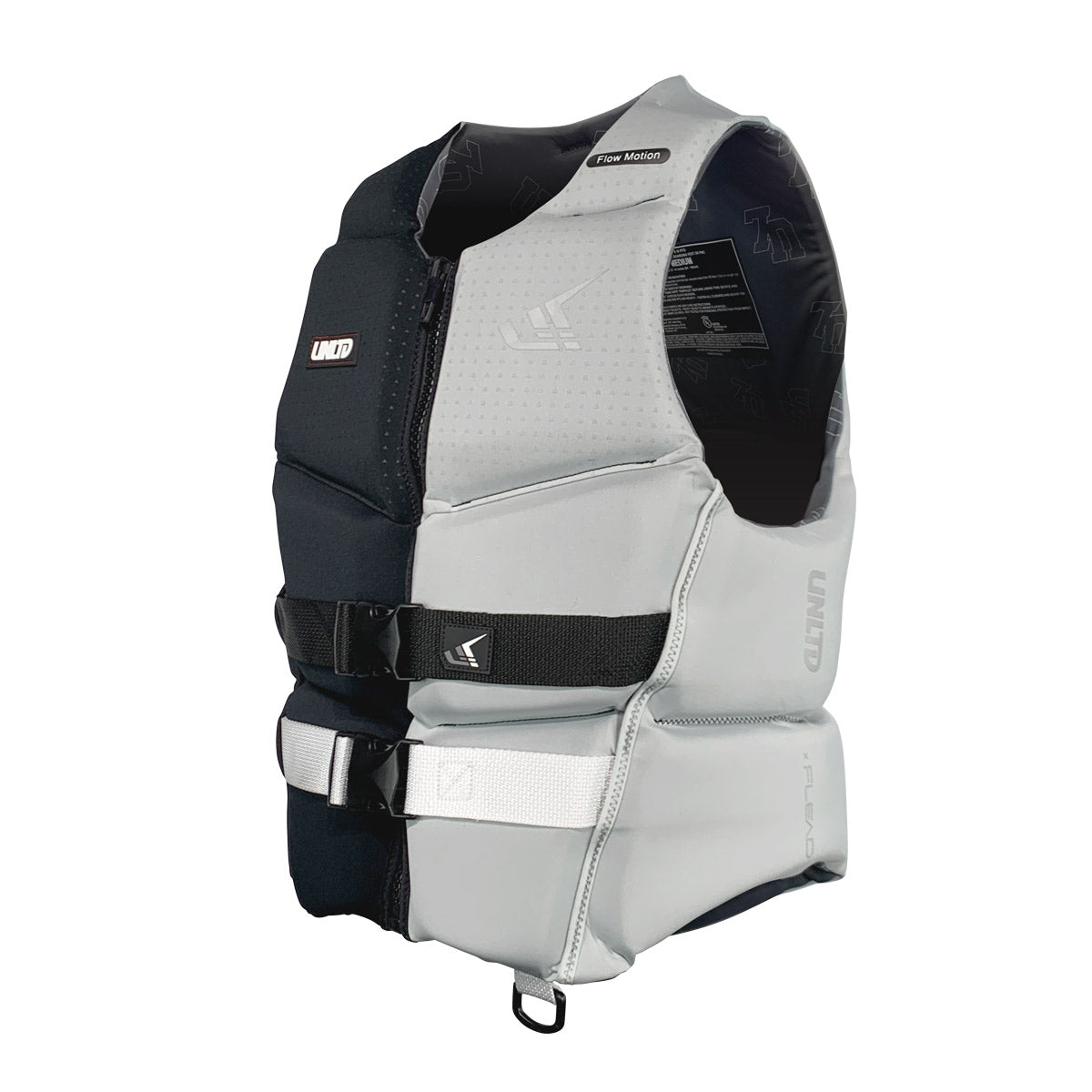 UNLIMITED PWC FLEAD NEO vest, a sleek black personal watercraft life jacket with adjustable straps and buoyant foam for safety.