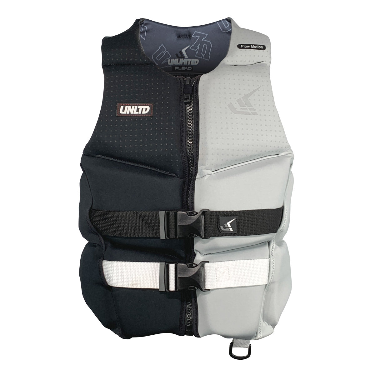 UNLIMITED PWC FLEAD NEO VEST, a black neoprene life jacket with adjustable straps and reflective accents for water safety.