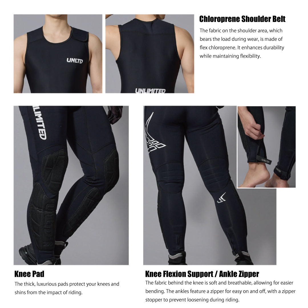 Unlimited PWC hybrid wetsuit John, male full-body wetsuit with adjustable features and durable neoprene material for water sports.
