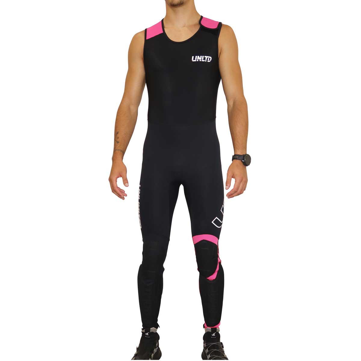 Unlimited PWC Hybrid Wetsuit John, close-up of the black and pink wetsuit designed for water sports, showing flexible material and brand logo.