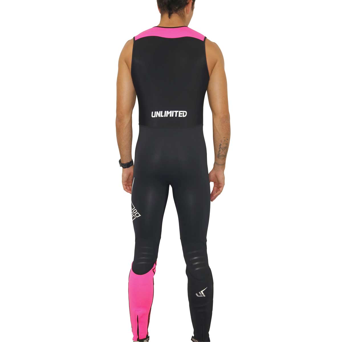 Unlimited PWC hybrid wetsuit John, full-length wetsuit with black and pink panels, designed for water sports and diving.