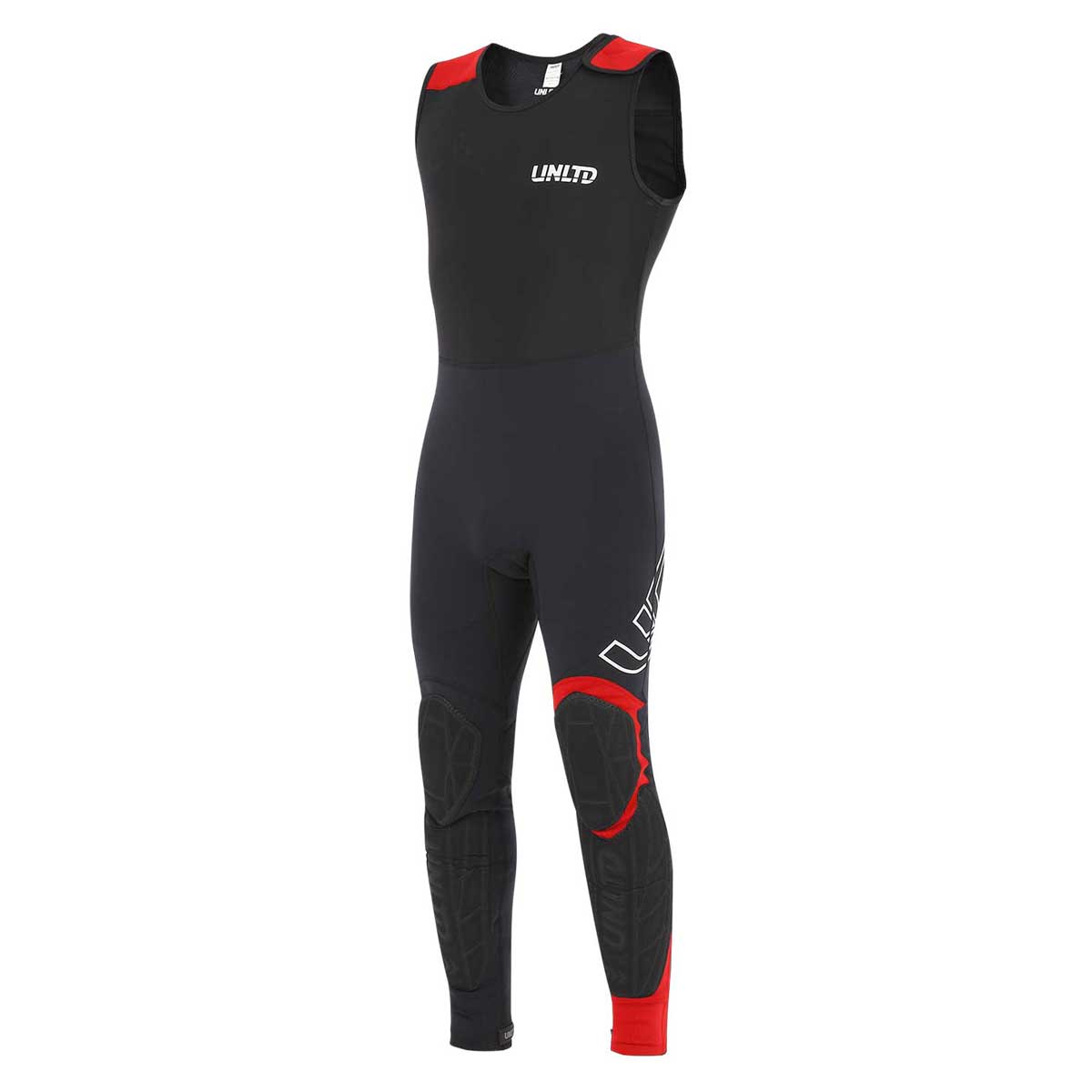 Unlimited PWC Hybrid Wetsuit John, black and red, shown laid flat with zipper and flexible neoprene material.