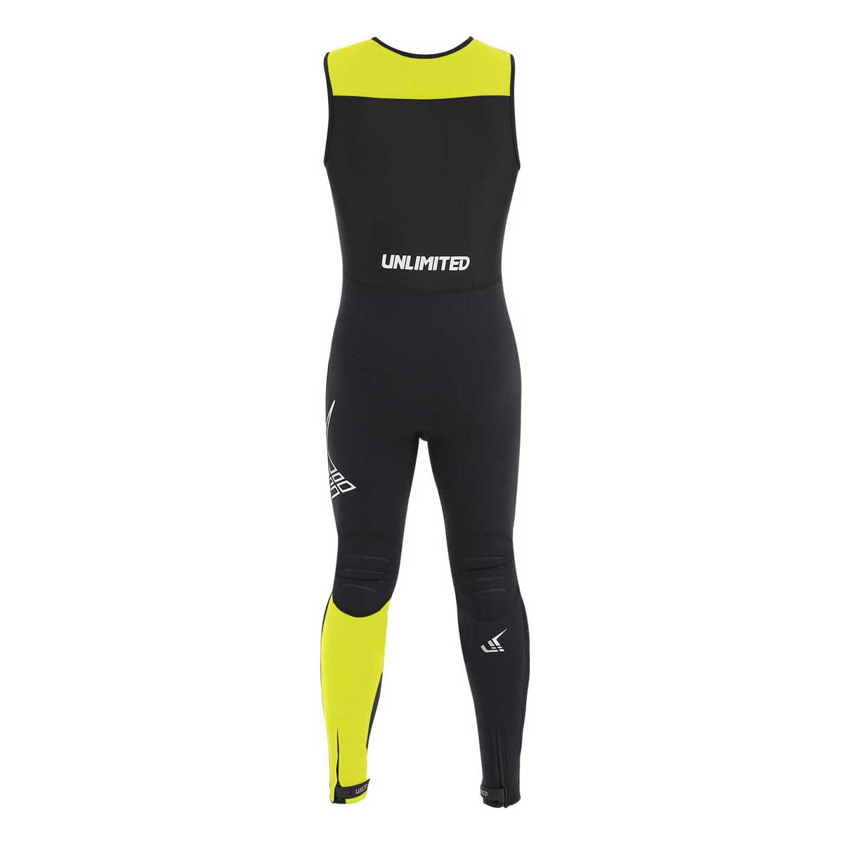 Unisex hybrid wetsuit from Unlimited PWC featuring a sleek black design and flexible neoprene and rash guard material for water activities.